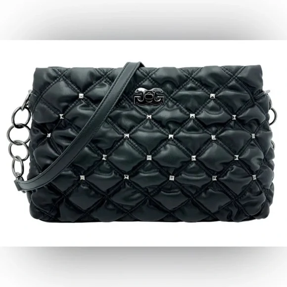 New Gilda Paris Black Waffle Quilted Shoulder Bag with Silver Studs - Picture 1 of 3